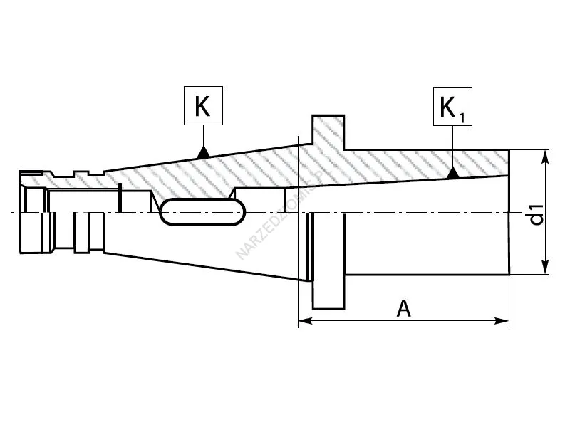 Rysunek techniczny: Tuleja redukcyjna z chw. DIN 2080 na chw.Morse'a z płetwą: T.1657 ISO30/MS1 50mm - KOLNO